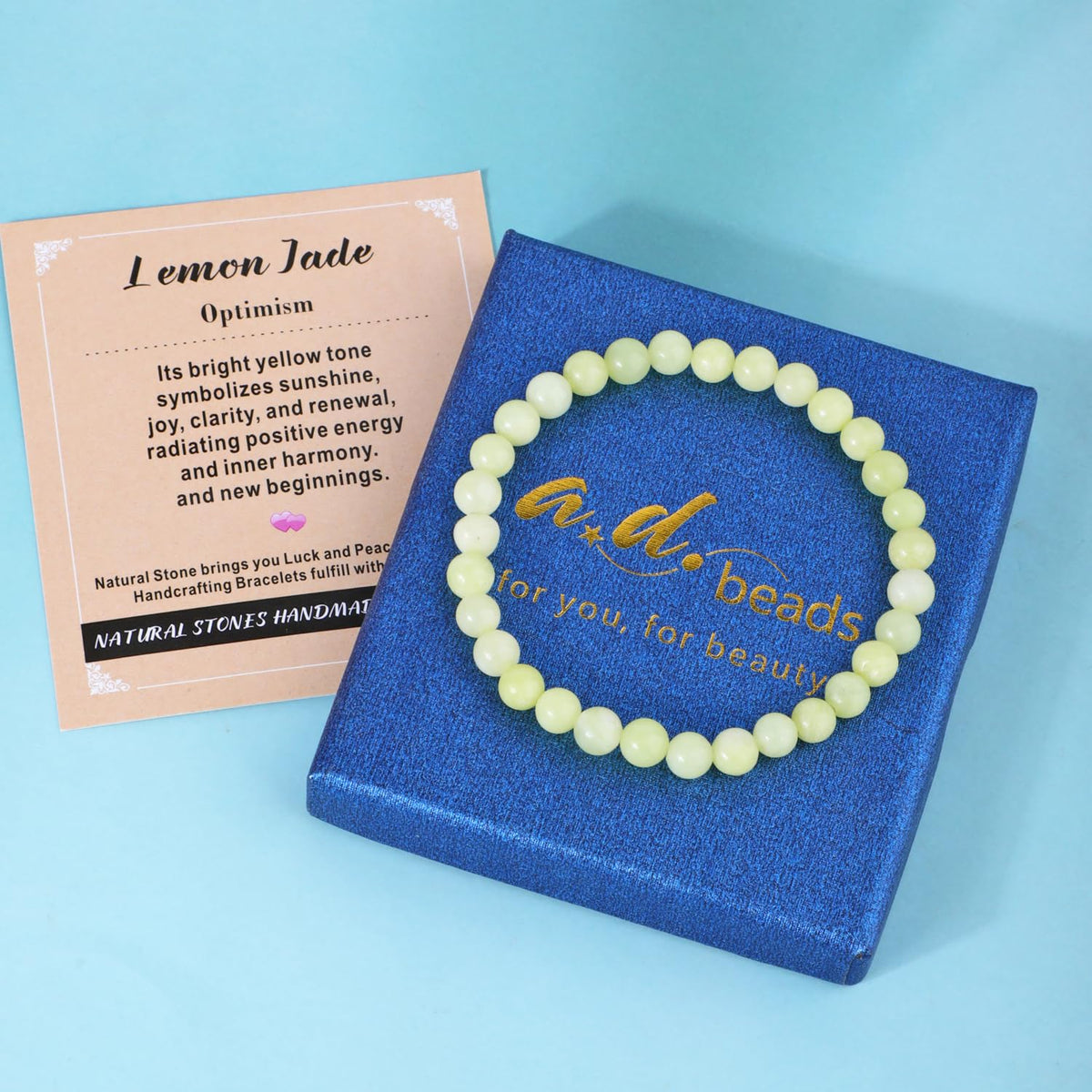 AD Beads 6mm Handmade Lemon Jade Elastic Bracelet – Natural Gemstone for optimism – Meditation, Yoga, Healing and Energy Gift for Men Women