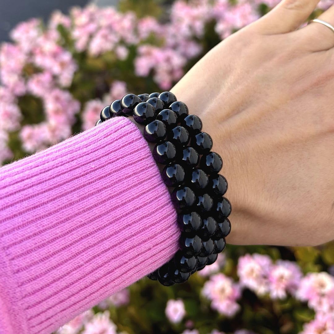 Adabele Real Natural Black Agate Gemstone Beaded Bracelet 7.5 inch Stretch Chakra Healing Crystal Stone Jewelry Women Mom Gift (Unisex) GB8-B30