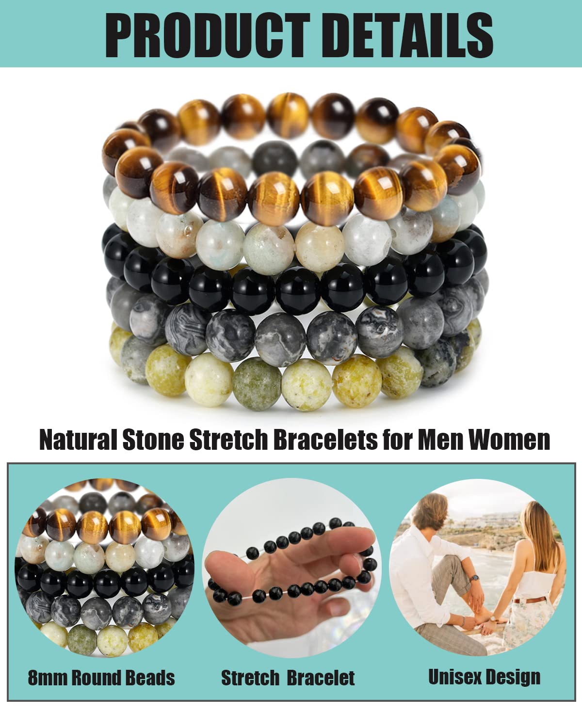 BOMAIL 5PCS Semi-Precious Gemstone Bracelet - Healing Crystal Stone Beaded Bracelets for Women Men 8mm Round Beaded Stretch Bracelets Unisex Yoga Bracelets