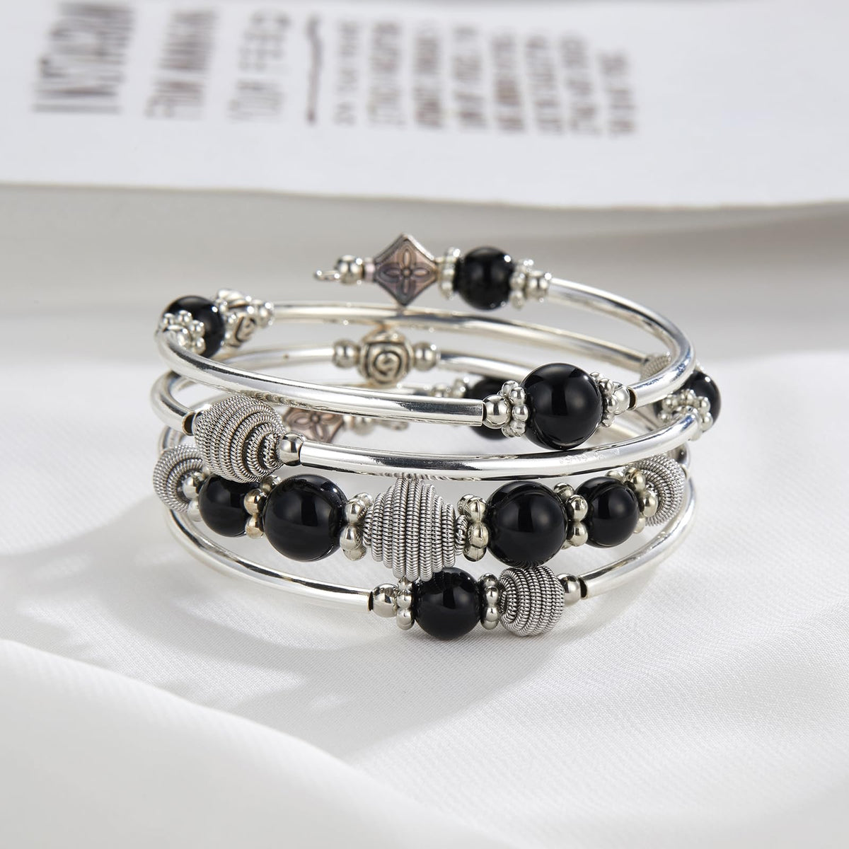 PEARL&CLUB Beaded Chakra Bangle Turquoise Bracelet - Fashion Jewelry Wrap Bracelet with Thick Silver Metal and Mala Beads, Birthday Gifts For Women(Black)