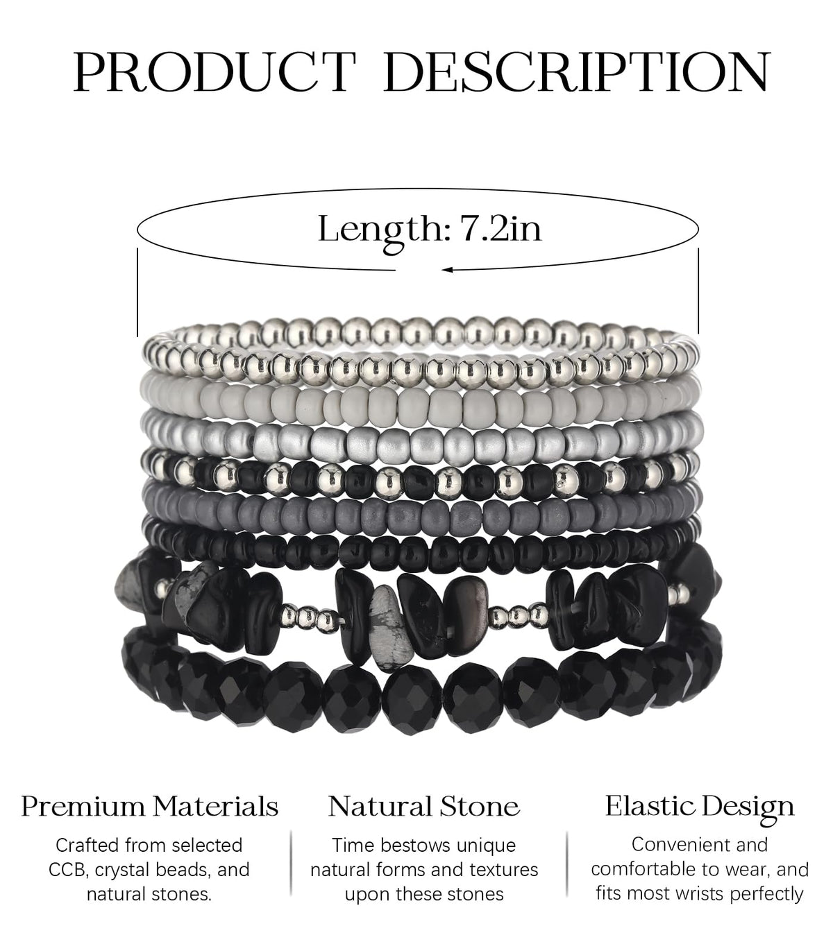 Noessla Boho Beaded Bracelets for Women Stackable Irregular Natural Stone Bead Stretch Bracelet Set 8PCS Costume Jewelry Gifts for Her(Black Grey)