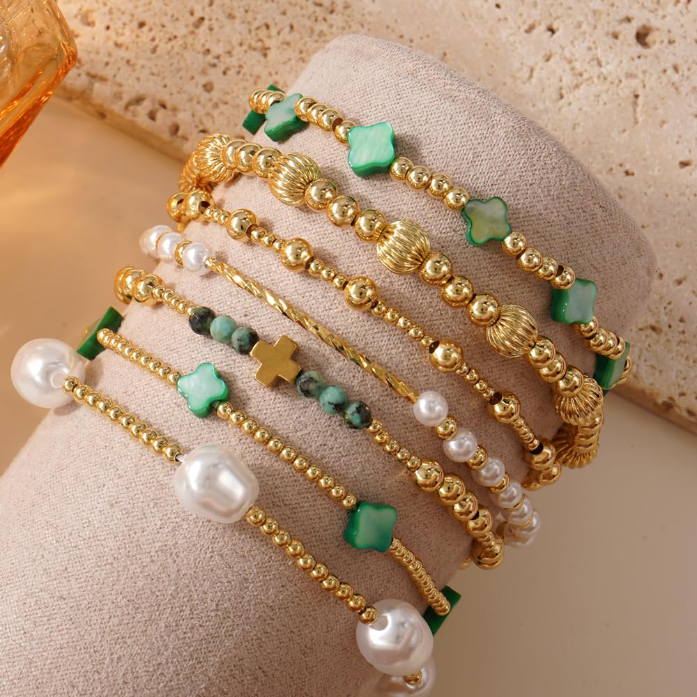 SHINUS BOHO St Patricks Day Bracelets for Women,Gold Bracelet Stack,Bohemian Green Clover Elastic Pearl Stackable Stretch Bracelet Set Fashion Festival Theme Party Saint Patricks Day Accessories Outfits Jewelry Gifts