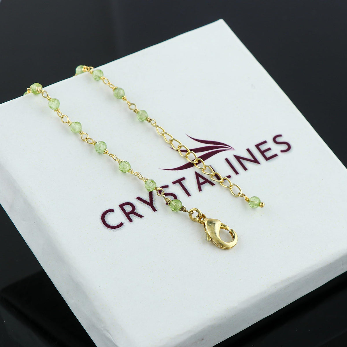 CRYSTALINES Natural Peridot Gemstones Bracelet Handmade Hypoallergenic Gold Plated Jewelry for Women Healing Crystals Microfaceted Beads Rosary Chain Boho August Birthstone Bracelet, 7+1inch