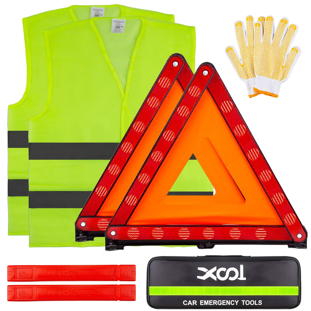 XOOL Emergency Warning Triangle Kit – Roadside Safety Kit with Reflective Warning Triangles, High-Visibility Safety Vests, Storage Bag & Gloves for Car Breakdowns & Emergencies