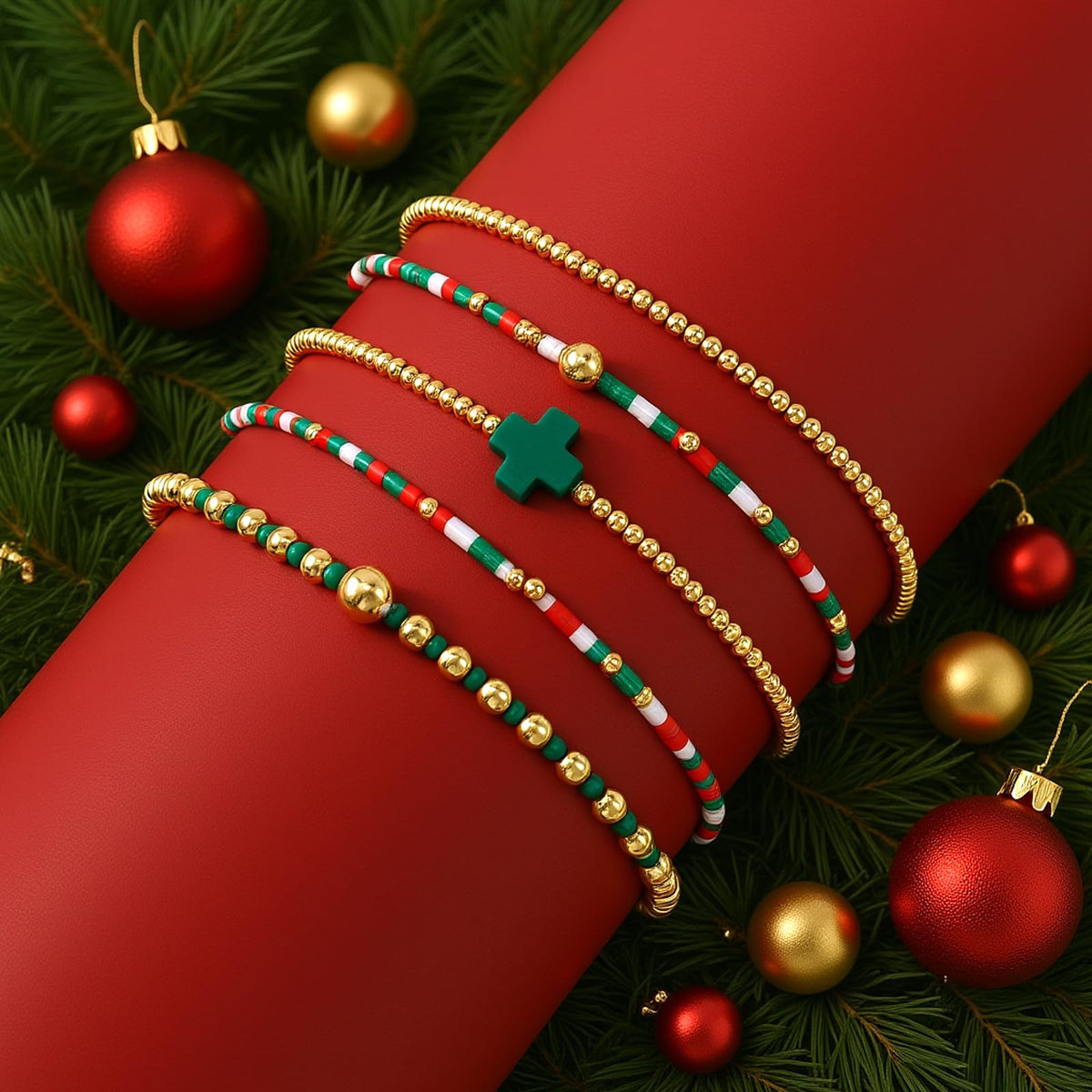 Bohxantium Christmas Bracelets Stack for Women Red Green White 14K Gold Plated Beaded Ball Stretch Stackable Small Seed Beads Cross Bracelet Trendy Jewelry Accessories Christian Friendship Xmas Gifts