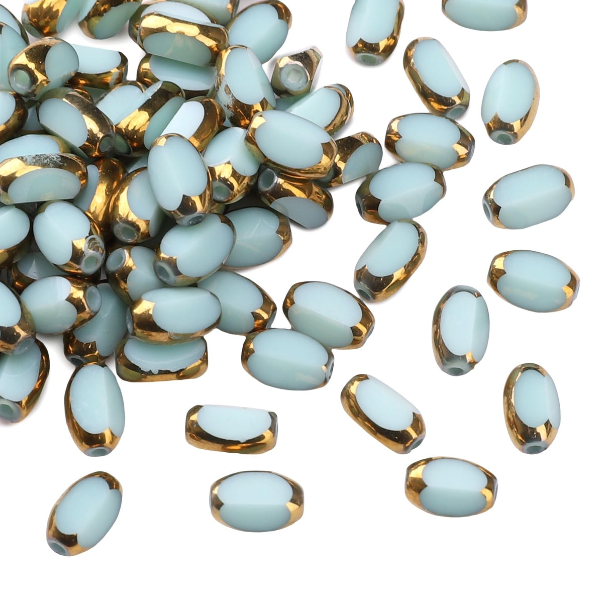 DADIFEN Glass Rice Beads Peacock Green 4x6mm 50pcs Faceted Oval Golden Edge Crystal Loose Beads for DIY Craft Jewelry Making