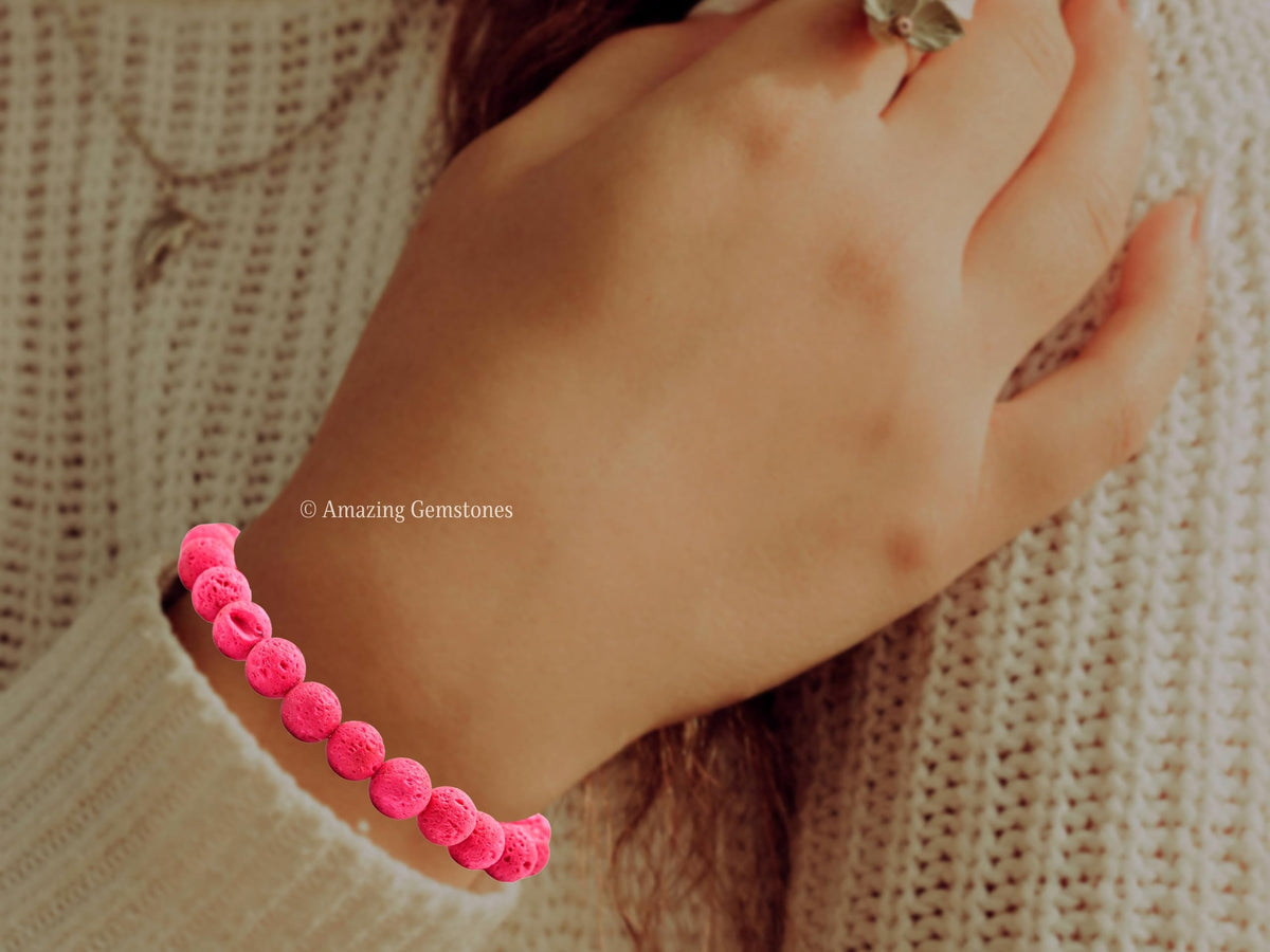 Amazing Gemstone Pink Lava Bracelet, Gifts For Men & Women - Protection Healing Crystal Bracelet - 8mm Gemstone Beaded Adjustable Bracelet, Pulseras Para Hombres Mujer Stocking Stuffers