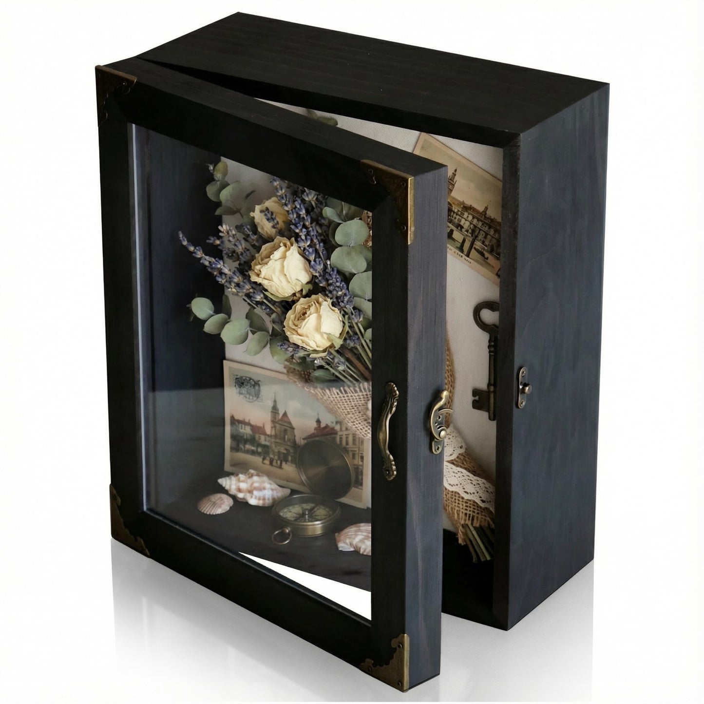 KAASTHAA Shadow Box Frame 11x13, Depth 5in Shadow Boxes Display Cases, Acrylic Door, Rustic Burnt Wood, Vintage Metal Accents, Hinged Door, Metal Handle and Latch, Linen Back