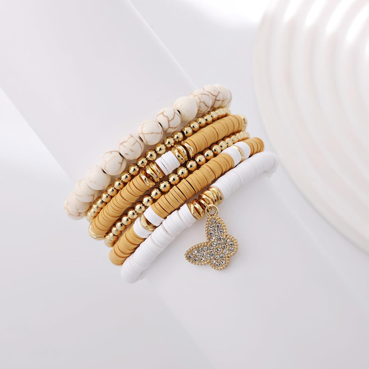 GOOJIDS Surfer Heishi Clay Bead Bracelets for Women Bohemian Stackable Gold Plated Beaded Stretch Bracelets Elastic Layering Friendship Bracelets Set Boho Jewelry