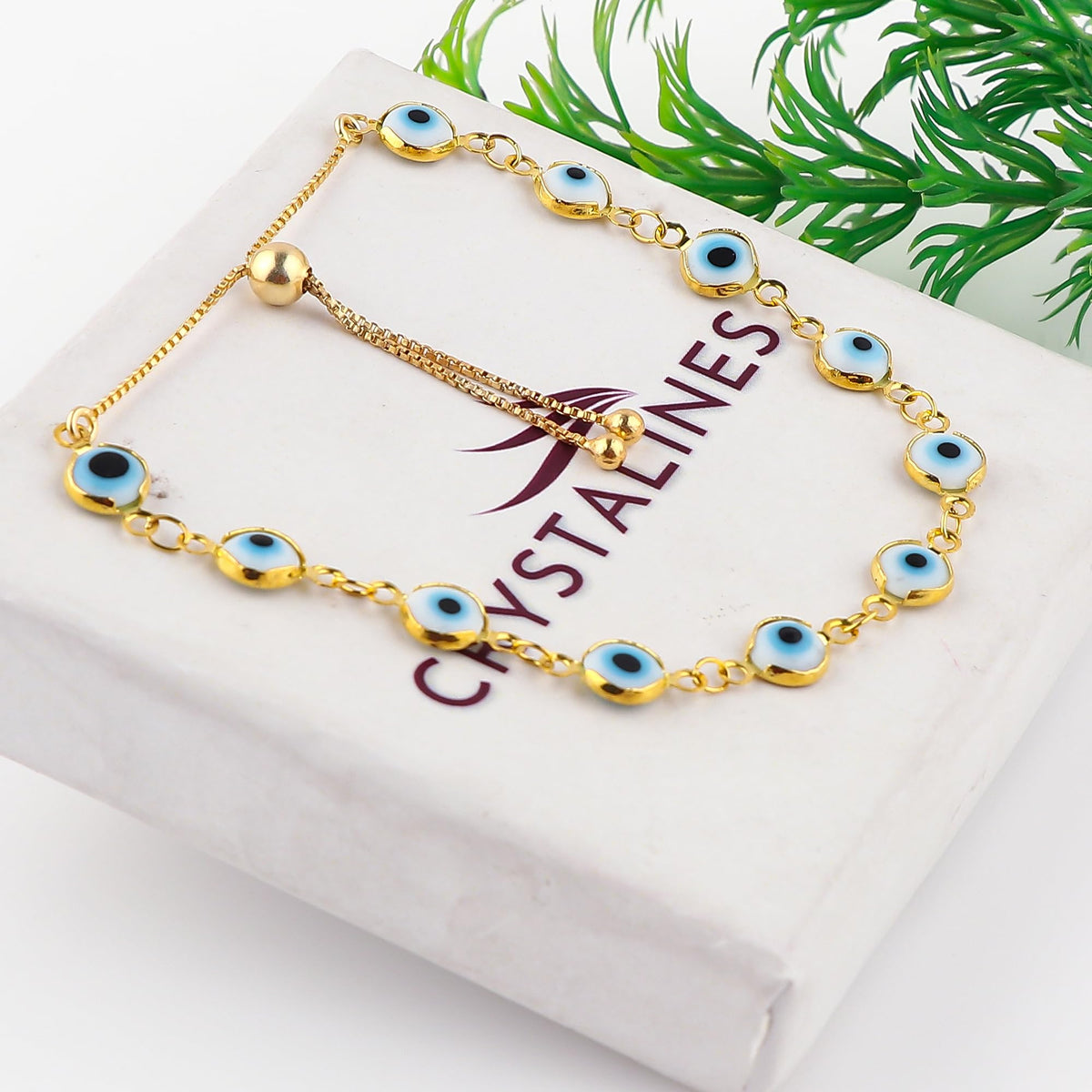 CRYSTALINES Genuine Evil Eye Onyx Gemstone Bolo Bracelet, 14K Gold Plated Link Chain Bracelet, Handmade Jewelry, Healing Crystals, Adjustable Chain, Spiritual Christmas Gift for Women