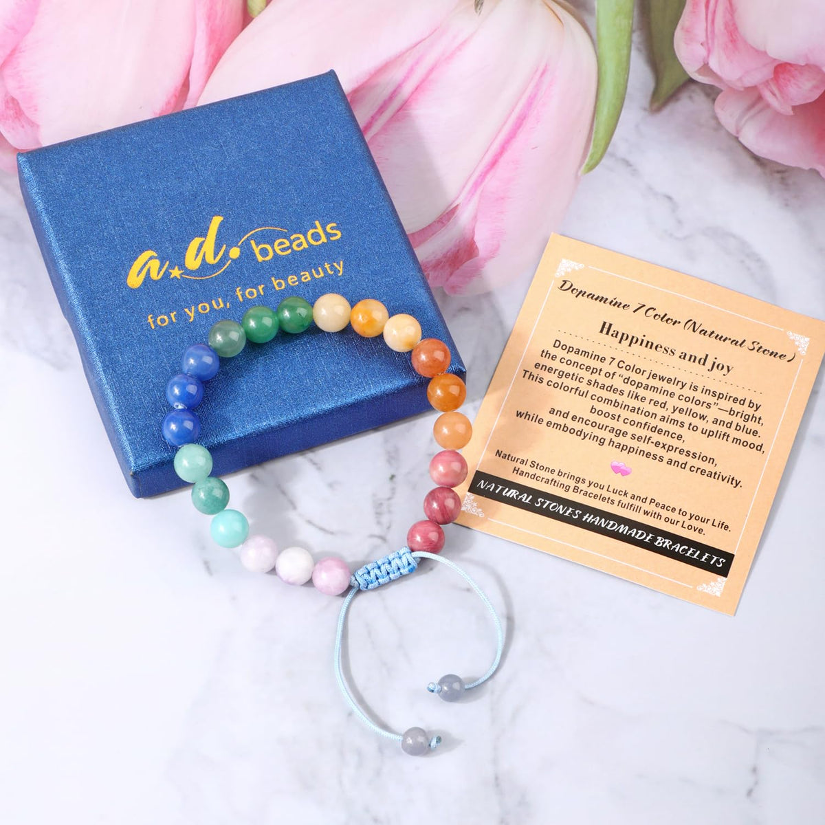 AD Beads 6mm Dopamine 7 Color - Happiness and Joy - Handmade Natural Stone Crystal Bracelet with Adjustable Macrame String - Yoga Healing Power Energy Gifts for Men and Women