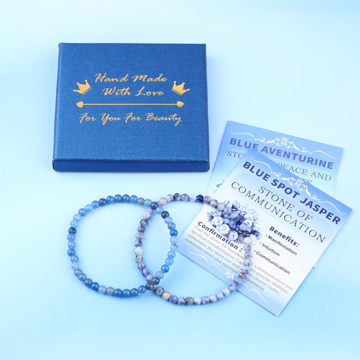 NCB 2-Piece 4mm Natural Crystal Gemstone Stretch Bracelets – ﻿Blue Aventurine, Blue Spot Handmade Reiki Energy Healing Jewelry for Meditation,Yoga, Unisex