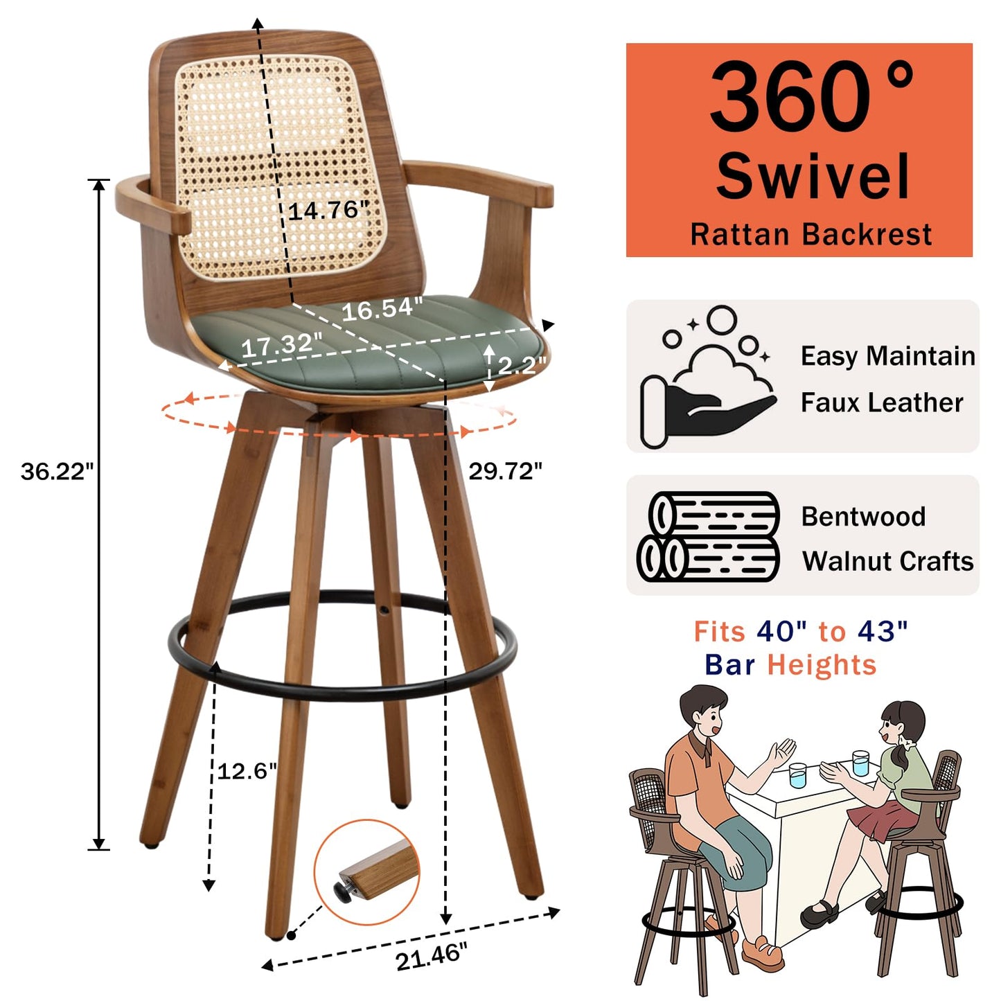 WUPOTO Bar Stools Set of 2, 29.7" Bar Height 360° Swivel Stools with Ergonomic Rattan Back, Faux Leather Seat, Bamboo Legs with Walnut Finish, Mid-Century Style (Green)