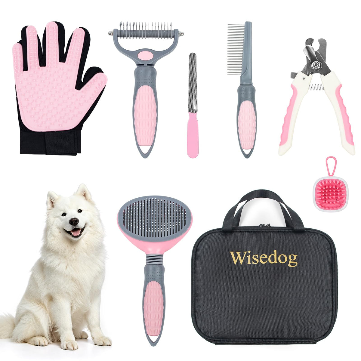Wisedog Dog Grooming Kit 7PCS - Cat Nail Clipper with Nail File, Dematting Comb for Dogs, Flea Comb, Bath Brush, Hair Removal Mitts (Upgraded Pink)