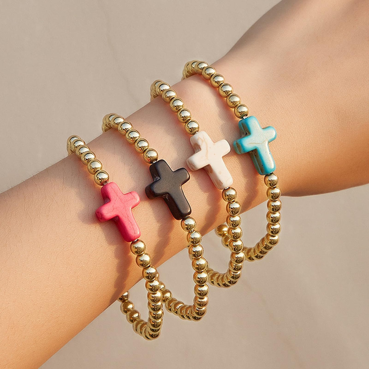 Harry and Henry Gold Beaded Bracelets for Women Non Tarnish Dainty Pearl Beaded Bracelet Cross Stack Stretch Bracelets for Women Trendy Gifts 2025 Easter Basket Stuffers