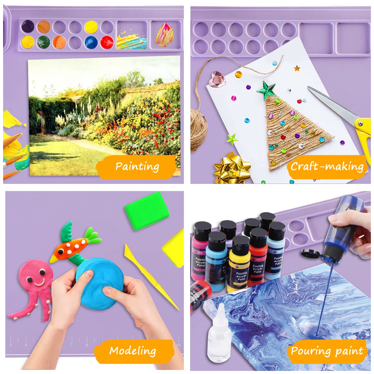 SHNOKER Silicone Craft Mat 21.7"x17.7" Super Large Silicone Painting Mat with 1 Magnetic Cup and Color Palette for Kids and Artist (Purple)