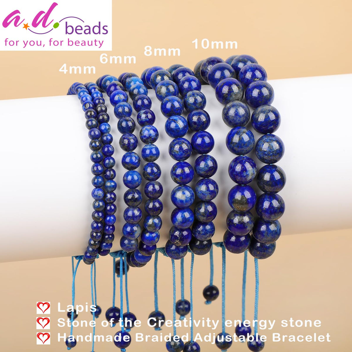 AD Beads 4mm Lapis Bracelet - Stone of the Creativity energy stone - Handmade Natural Stone Crystal Bracelet with Adjustable Macrame String - Yoga Healing Power Energy Gifts for Men and Women
