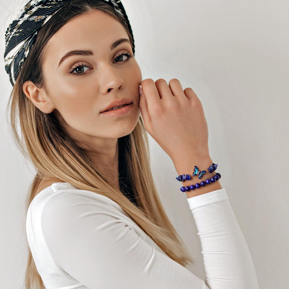 GolbalJew Lapis Lazuli Stone Bracelet for Women Healing Crystal Stone Bracelets Blue Gemstone Beads Stretch Bracelet Butterfly Charms Jewelry Women Gift