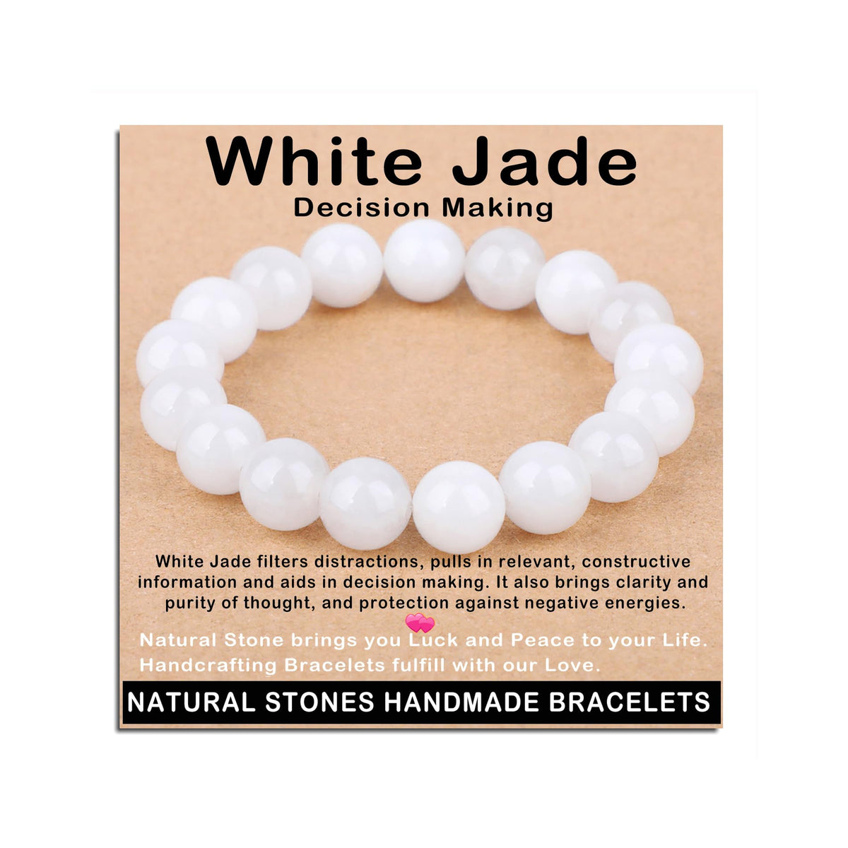 AD Beads Handmade Gemstone Stretch Elastic Bracelet Crystal Healing Reiki Nature's Beauty and Spiritual Essence Unisex (12mm, White Jade (Decision Making))