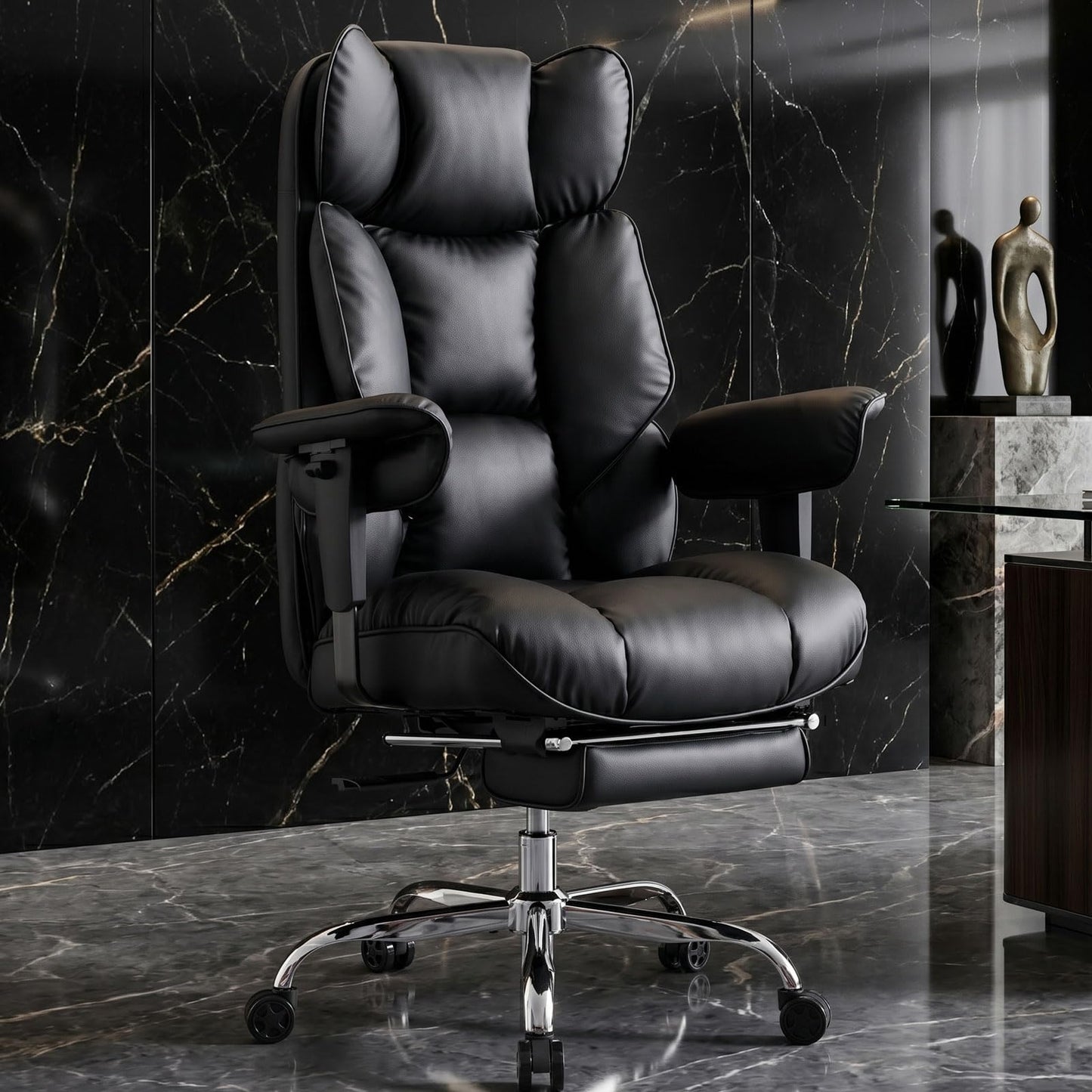 Efomao Big and Tall Office Chair 400lbs - Heavy Duty Reclining Desk Chair with Footrest, Spacious High Back PU Leather Executive Chair, Double-Layer Spring Support, Black