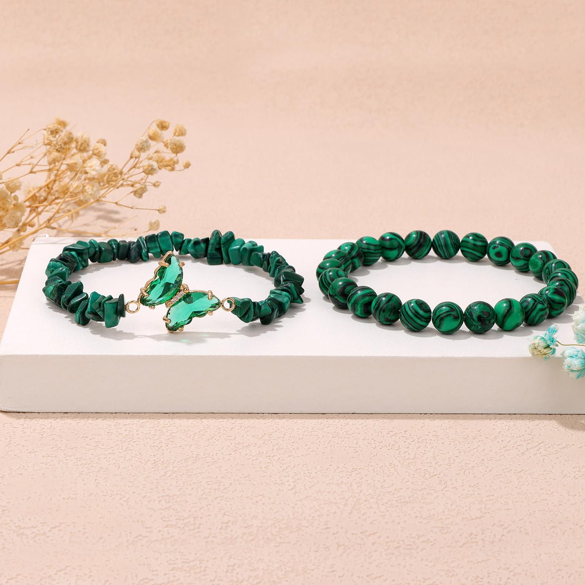 GolbalJew Malachite Stone Bracelet for Women Healing Crystal Stone Bracelets Green Gemstone Beads Stretch Bracelet Butterfly Charms Jewelry Women Gift