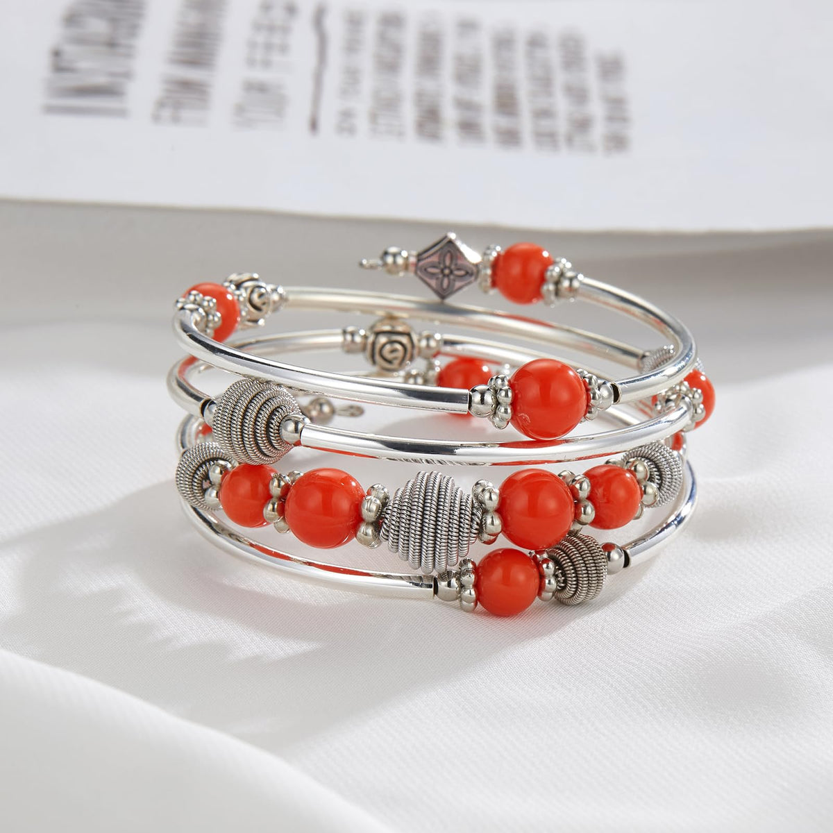 PEARL&CLUB Beaded Chakra Bangle Turquoise Bracelet - Fashion Jewelry Wrap Bracelet with Thick Silver Metal and Mala Beads, Birthday Gifts For Women(Orange)