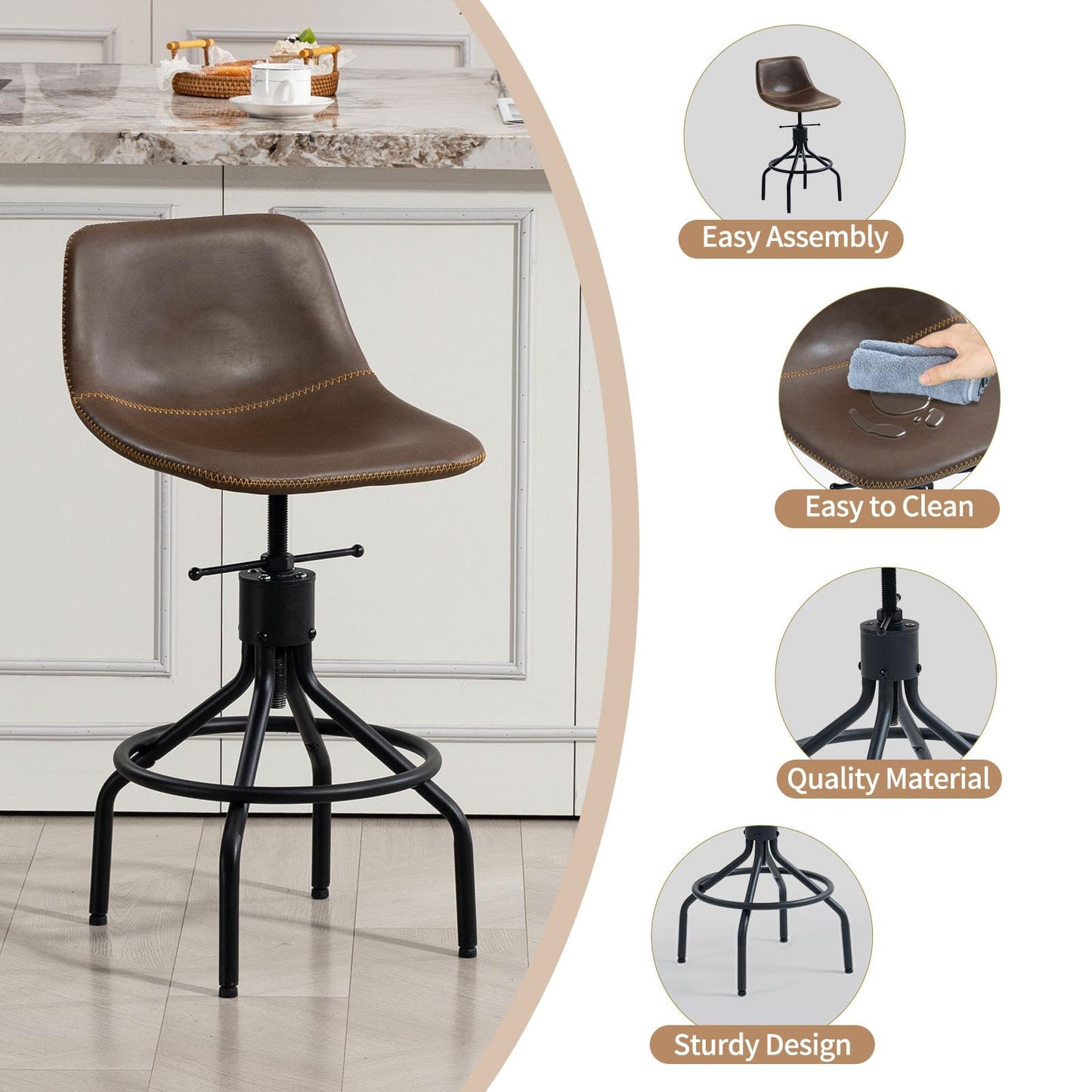 CHIDOCHILO Bar Stools Set of 3, Adjustable Armless Kitchen Island Barstools with Back 26 Inch Swivel Faux Leather Industrial Counter Height Bar Chairs for Dining Room Home Bar D087-Brown-3