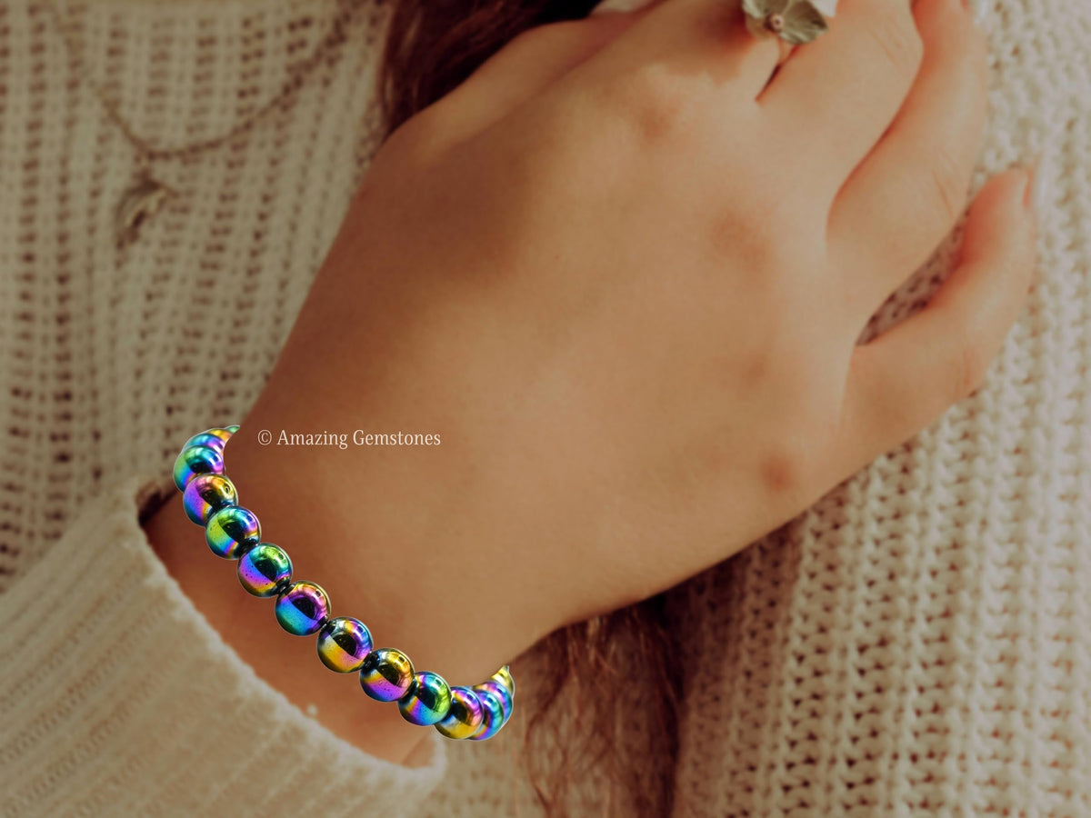 Amazing Gemstone Crystal Bracelet for Women Men's Gifts - Protection Healing Crystal Bracelet - 8mm Gemstone Beaded Stretchable Bracelet Pulseras Para Hombres Mujer Stocking Stuffers Mothers Day Gift (Mystic hematite)