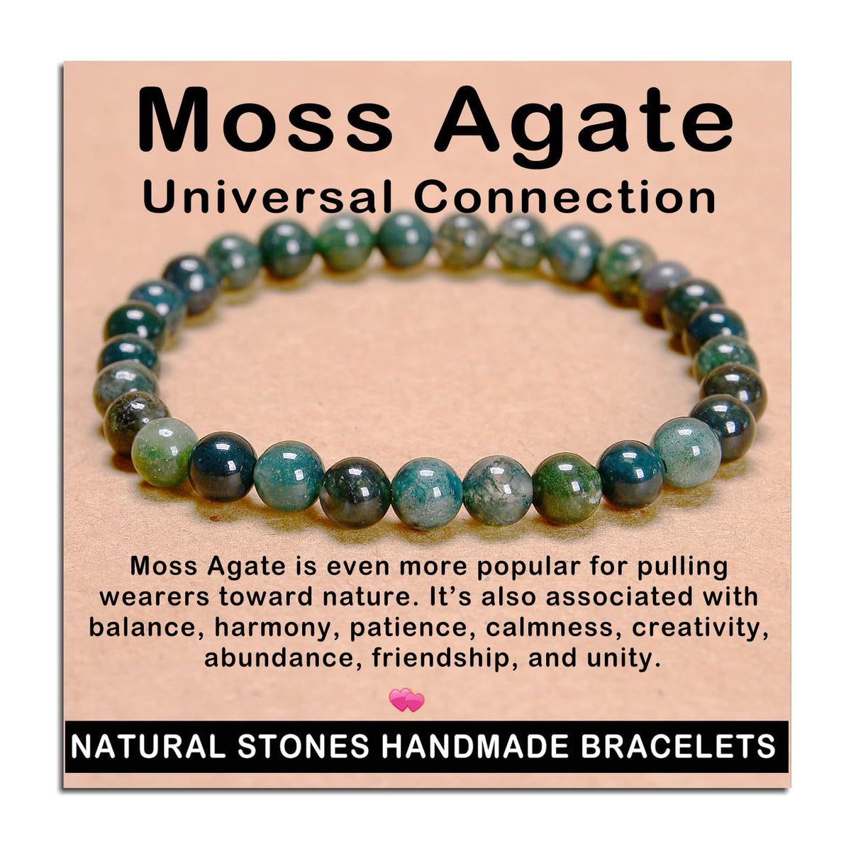 AD Beads Handmade Gemstone Stretch Elastic Bracelet Crystal Healing Reiki Nature's Beauty and Spiritual Essence Unisex (6mm, Moss Agate (Universal Connection))