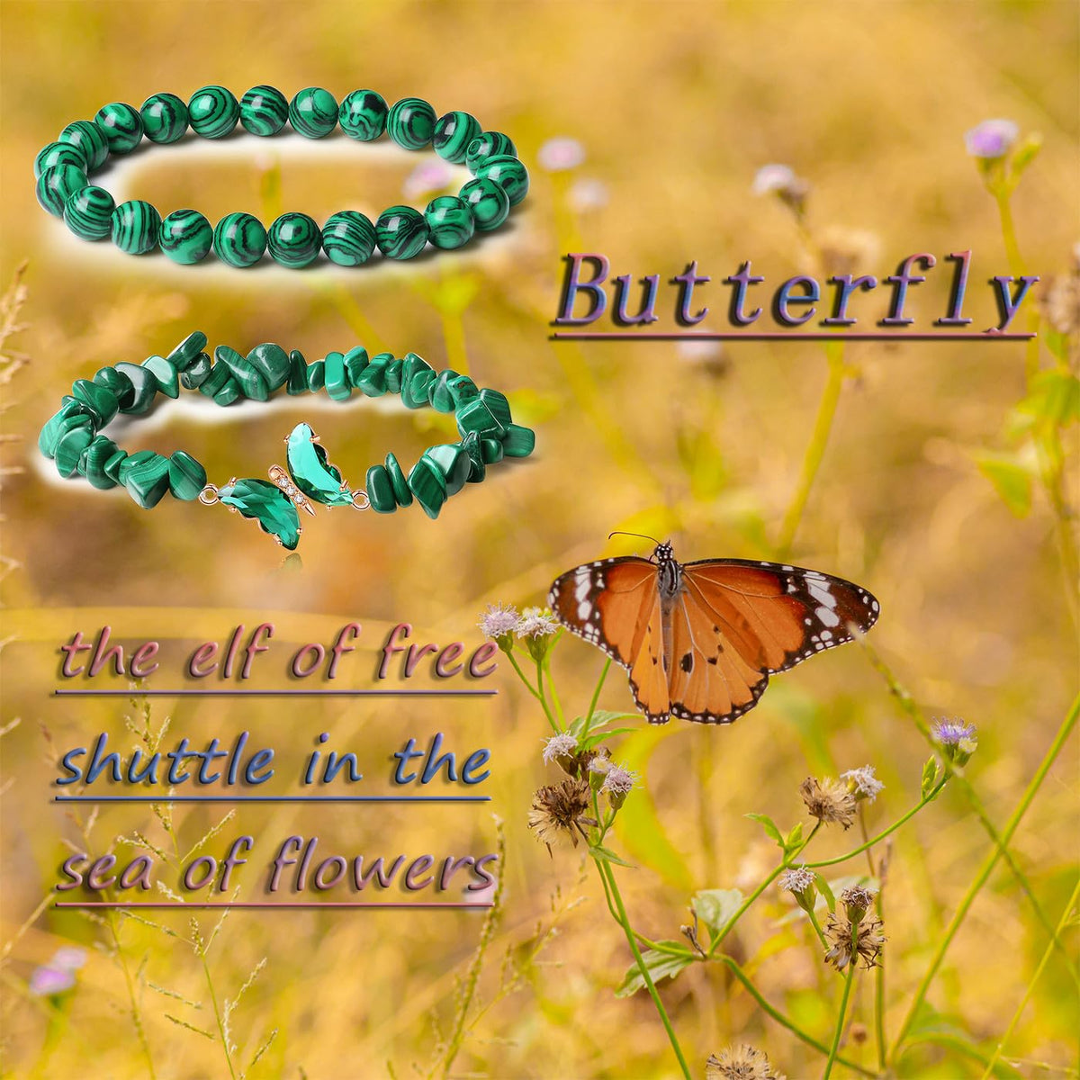 DUQGUHO 2Pcs Malachite Bracelets Green Bracelets for Women Butterfly Bracelets for Women Gemstone Bead Jewelry Healing Crystals Bracelets Stretch 8mm Crystal Beaded Jewelry Gifts for Women