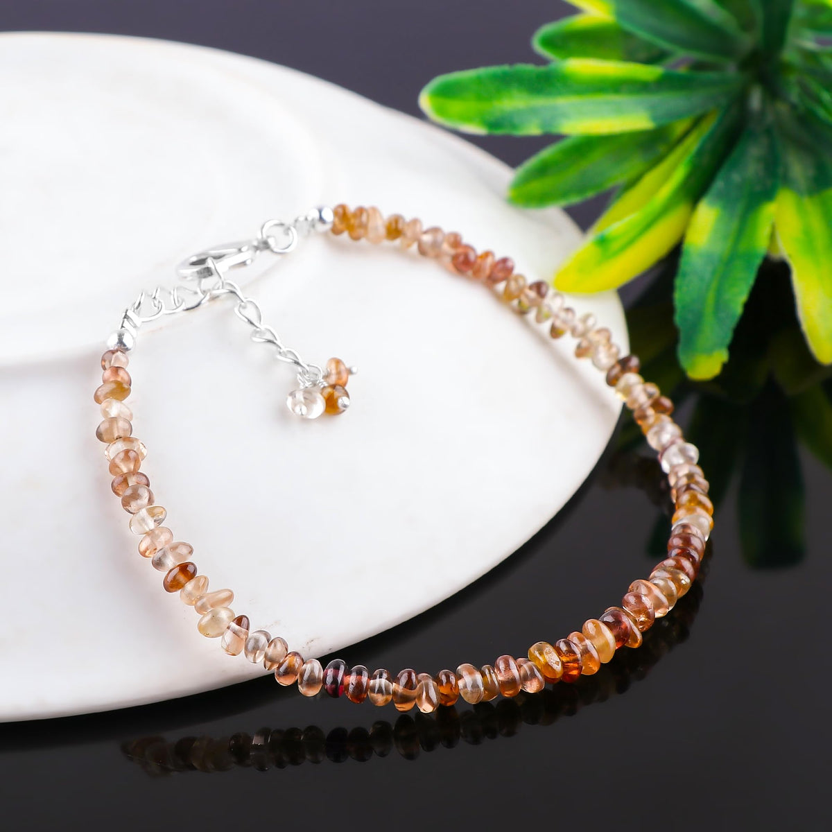 CRYSTALINES Natural Champagne Zircon Gemstones Bracelets, Polished Stones, Handmade, Crystals Dainty Jewelry, Birthstone, Beaded Bracelet, Silver Plated, Adjustable Chain 7+1inch, Women Bracelet
