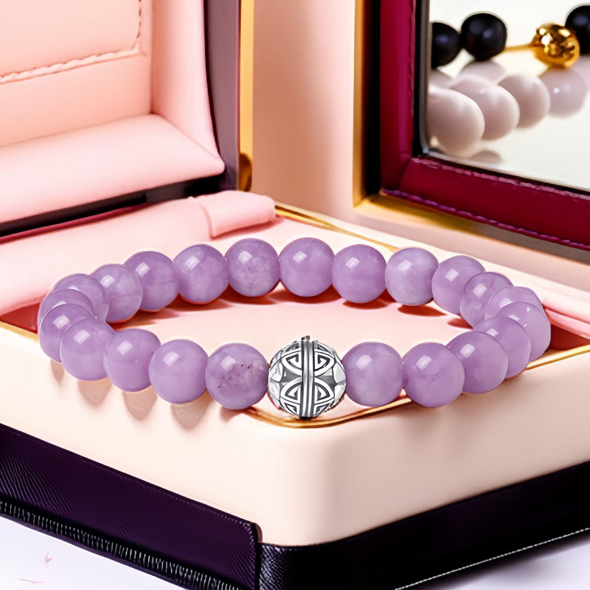 MetJakt Healing Crystals Beaded Bracelets for Womens Natural Gemstone 8mm Beads Stretch Bracelets with 925 Sterling Silver Double Happiness Pendant (Purple chalcedony)