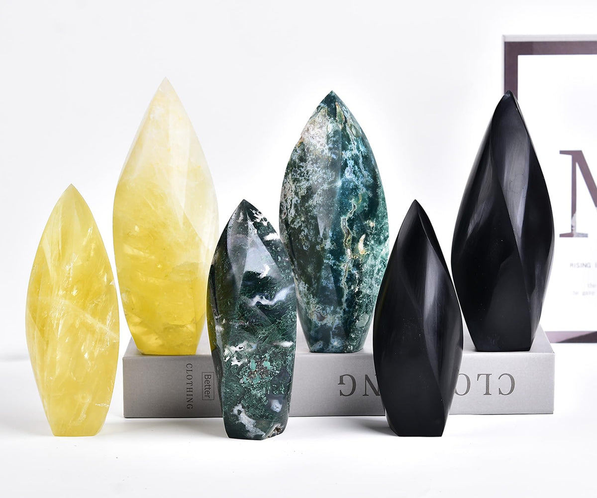 JIC Gem Large Healing Crystal Tower Black Obsidian 4 Sides Spiral Obelisk Point Energy Gemstone Home Decor 1.1-1.7 Lbs