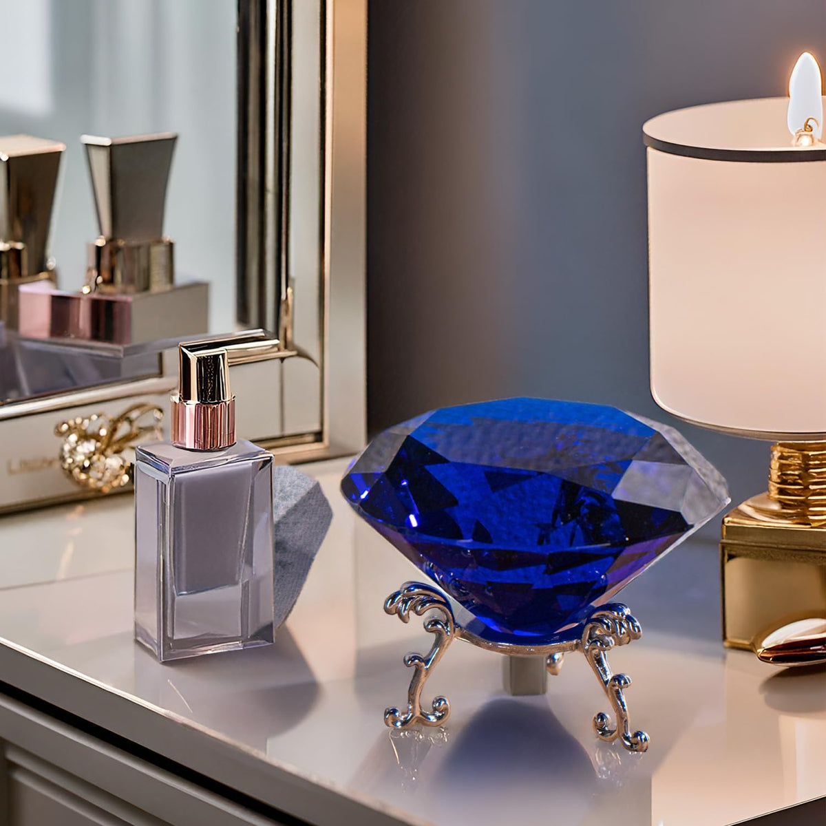 QIANCHANG 80mm Blue Crystal Diamond Paperweight Large Faceted Glass Diamonds Prisms Jewels Gemstones for Home Wedding Table Decoration