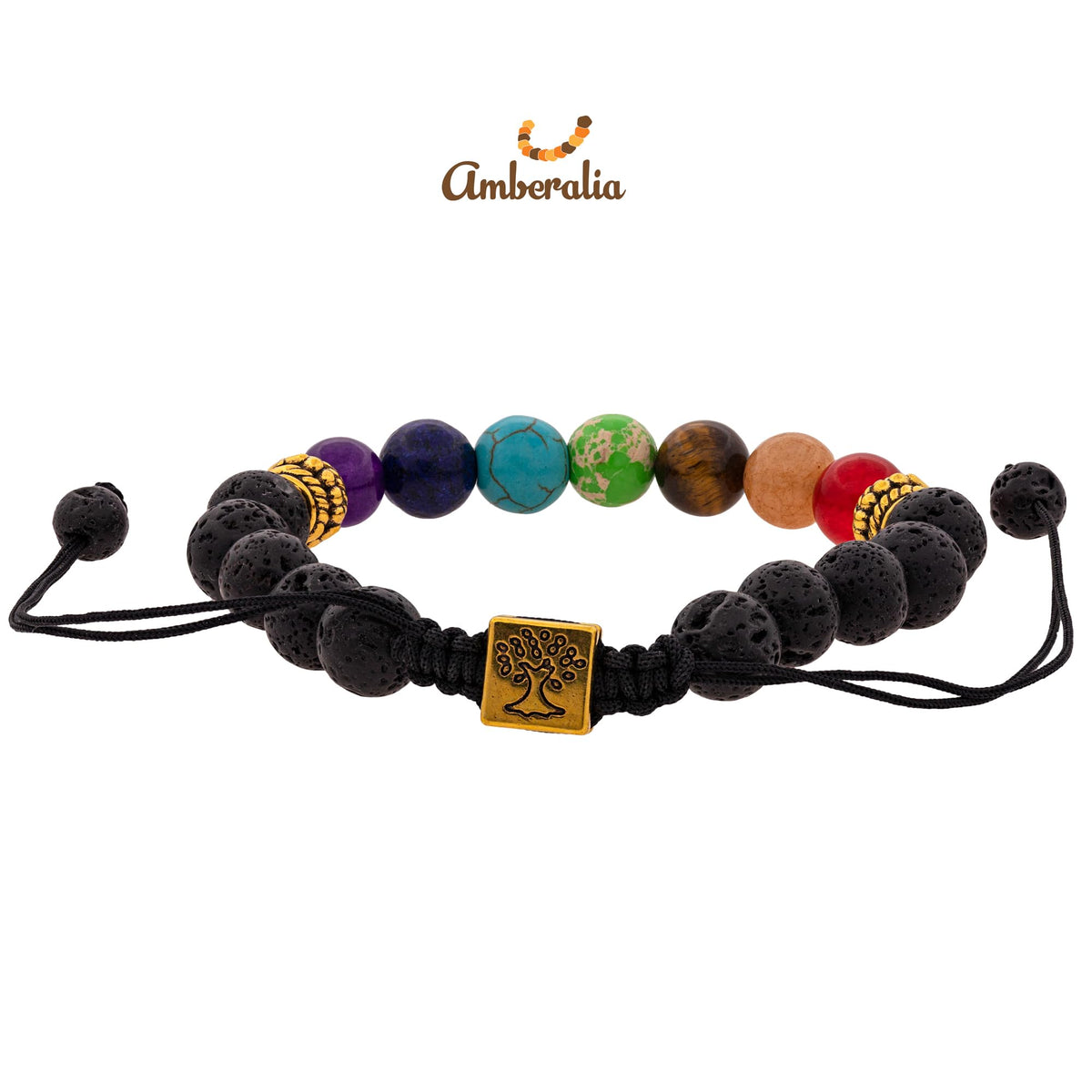 Amberalia Chakra Bracelet, Adjustable, Lava Stone Beads, Tree of Life Charm, Gold