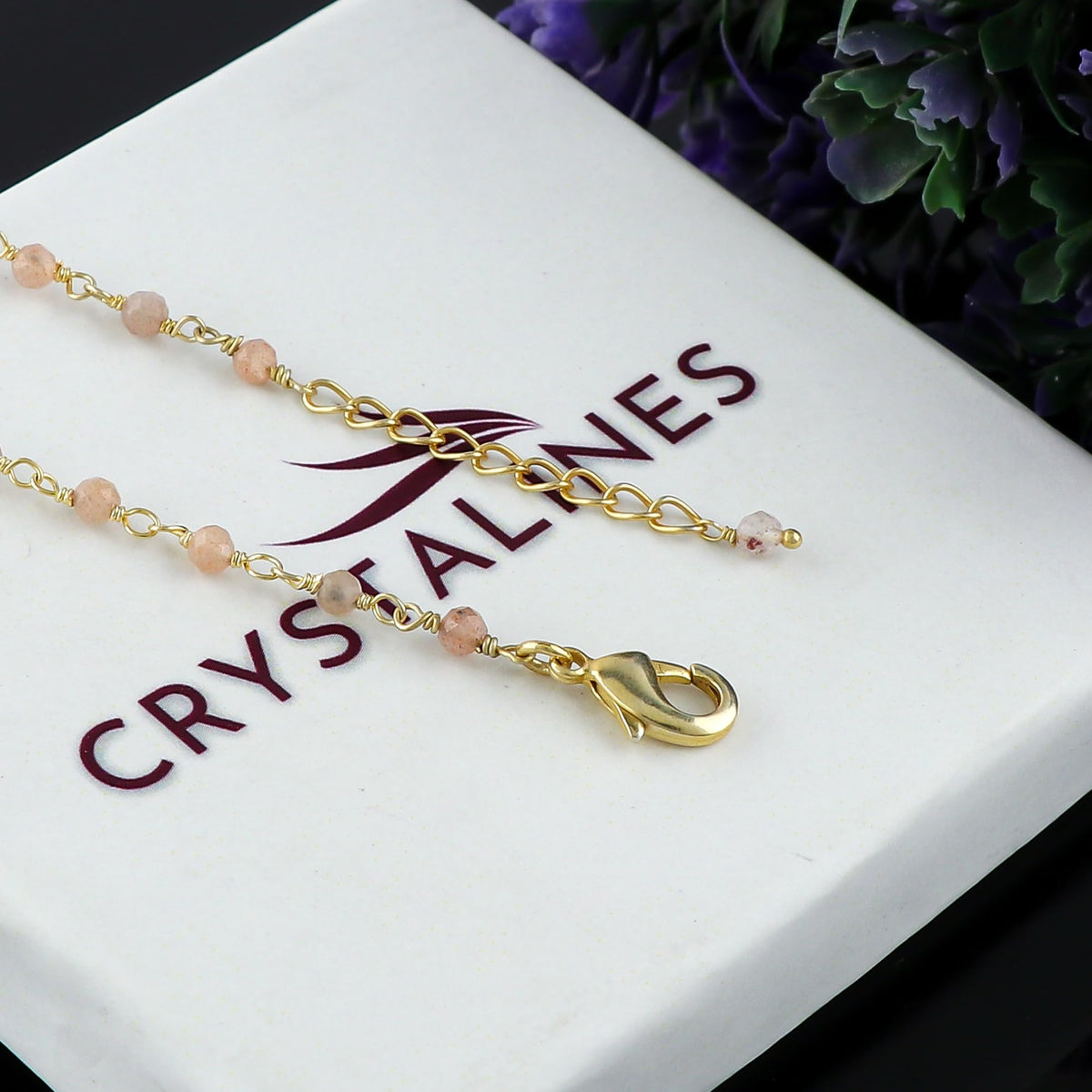 CRYSTALINES Natural Peach Moonstone Gemstone Cluster Bracelet, 14K Gold Plated Rosary Chain Beads, Handmade Bohemian Jewelry for Women, Healing Crystals, Birthday Christmas Gift, 8"