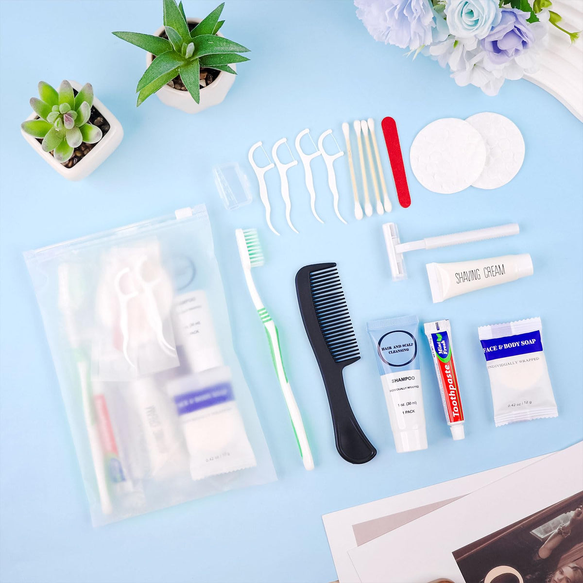 Travel Size Toiletries Kits Disposable Toiletry Set in Bulk, Portable Trial Size Personal Hygiene Care Package Supplies Amenities Essentials for Camping/ Hotel/Guest/Homeless/Charity 9-in-1 (60 Pack)