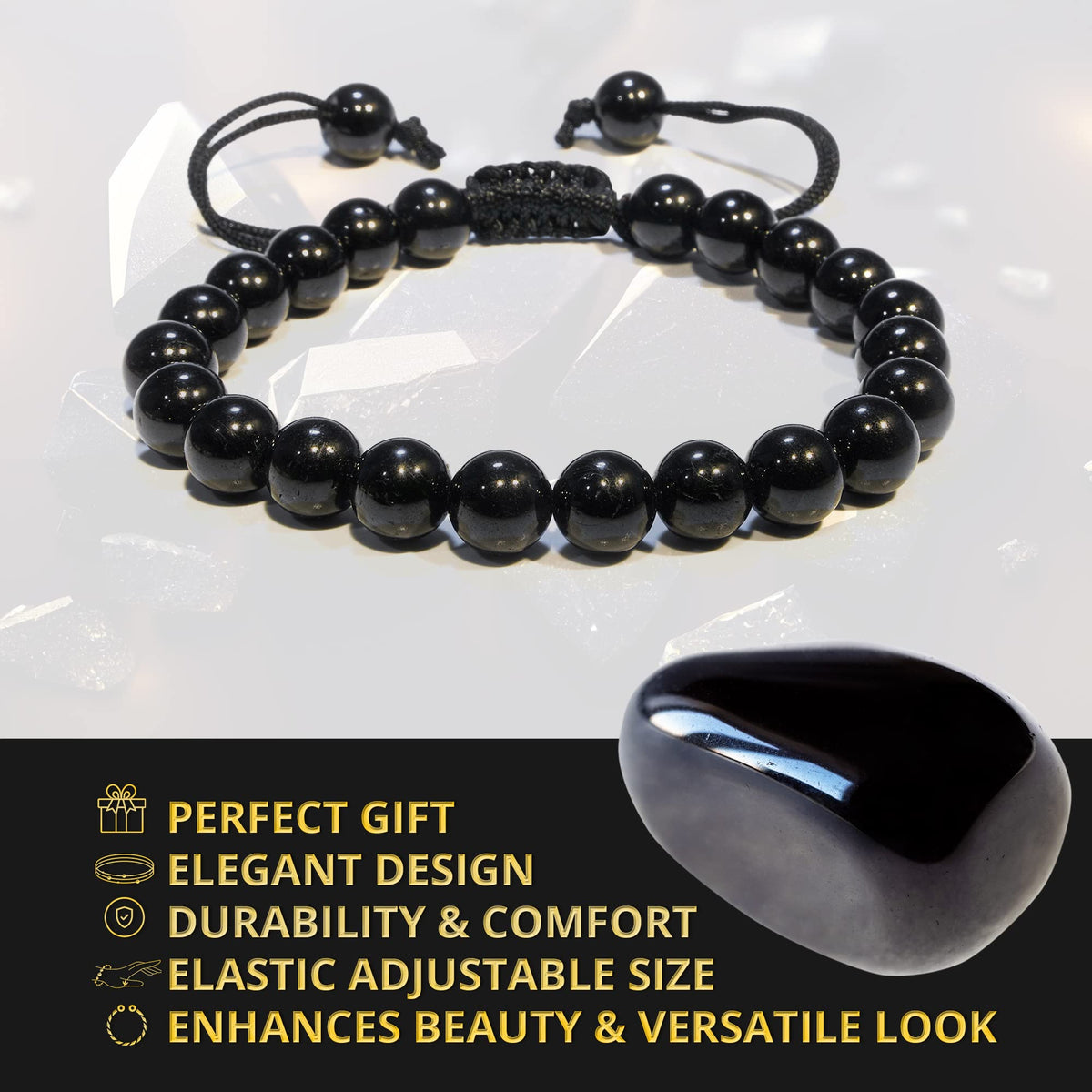 ANAYA AGATE Healing Crystal Bracelet – Chic Gemstone Bracelet for Men and Women – 8mm Round Bead Bracelets for Spiritual Healing, Protection, Positive Energy - Black Obsidian