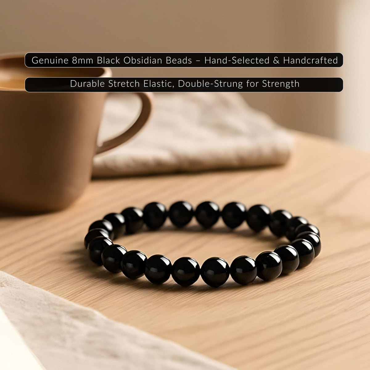 Cherry Tree Collection Black Obsidian Beaded Bracelet – Genuine 8mm Gemstone Stretch Bracelet for Men & Women – Handmade Crystal Bracelet - (Black Obsidian - M)