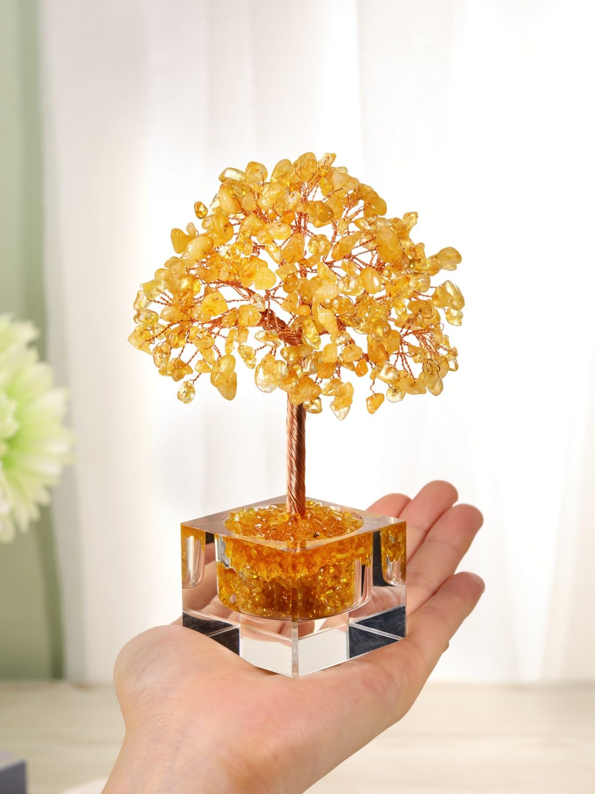 Jovivi Large Crystal Tree with Square Glass Base, Citrine Healing Crystals Tree Life Natural Chipped Gemstone Money Trees Feng Shui Good Luck Positive Energy Yellow Home Desk Decor