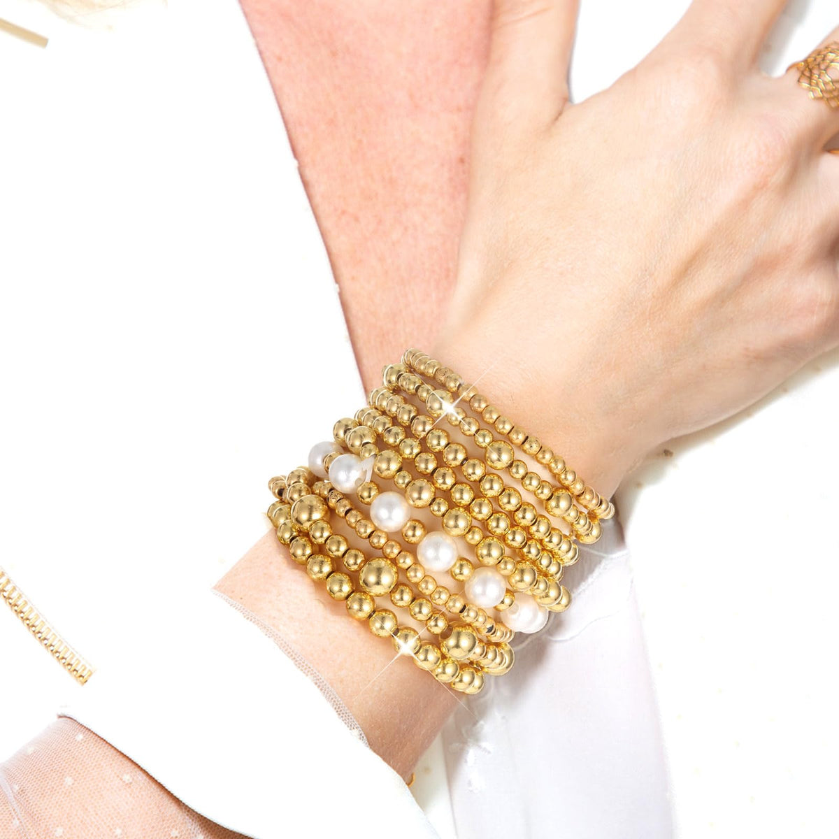 Ecation 10 Pcs Beaded Bracelets for Women Chunky Stacking Plated Bead Ball Stretchable Bracelets Set Natural Pearl Jewelry(Gold)