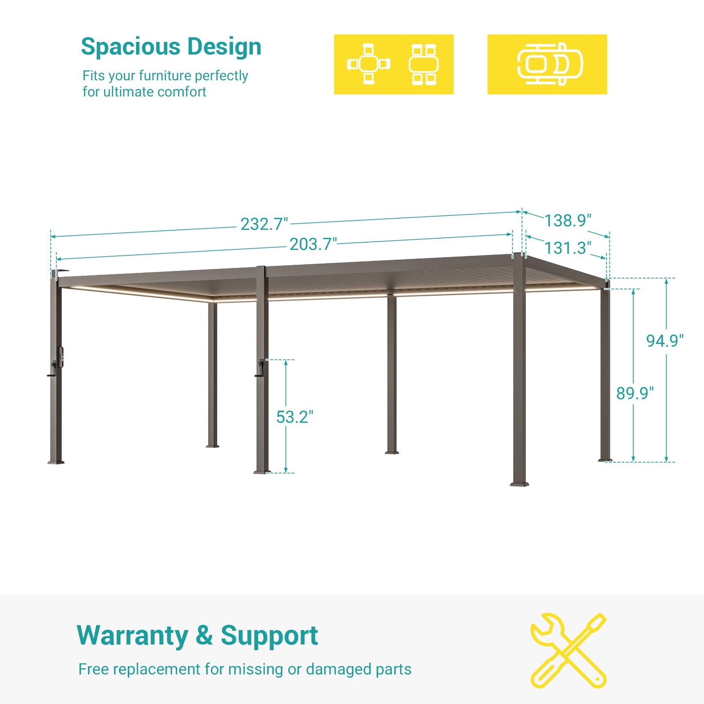 SANLUCE Patio LED Louvered Pergola, 12x20 Ft Outdoor Metal Pergolas with Adjustable Roof and LED Strip Lights, Easy Assembly Outdoor Pergola for Patio, Garden, Deck, Backyard(Brown)
