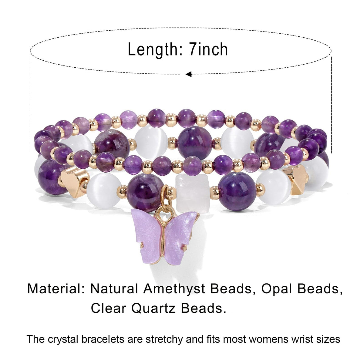 GolbalJew Natural Amethyst Bracelet For Women Purple Butterfly Charm Healing Crystal Beads Bracelets Layered Jewelry Stone Beaded Bracelet Gifts For Women
