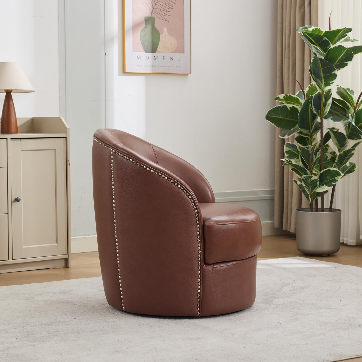 GDFStudio Hayezf Top-Grain Leather Swivel Chair, 360° Swivel Accent Chair with Chesterfield Studs, Mid-Century Modern Lounge Seating for Living Room & Office, No Assembly Required, Brown