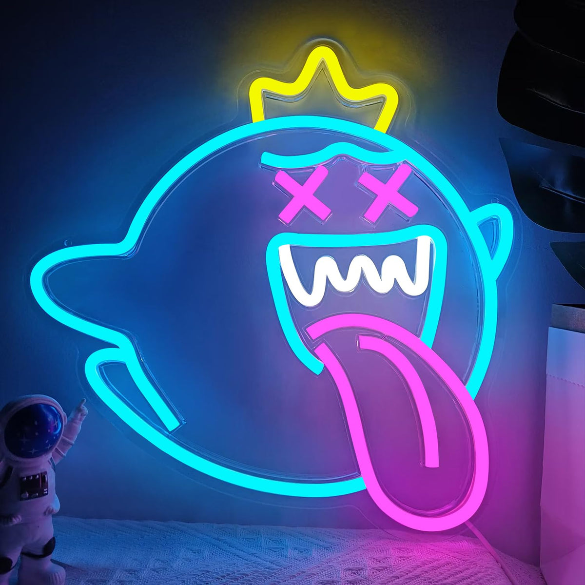 King Boo Neon Sign Dimmable Ghost Face Neon Light for Wall Decor Gamer Light Up Sign King Boo Neon Light for Bedroom Gaming Room Window Led Ice Blue Light Up Sign for Christmas Birthday Gifts Decoration