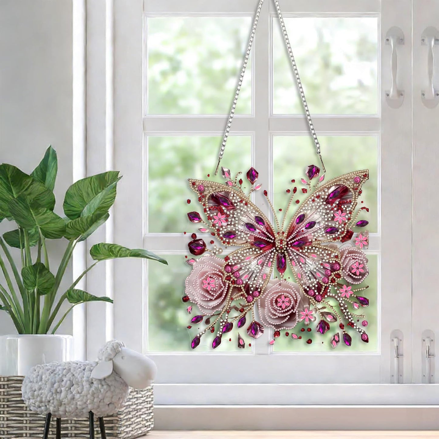 STGLCR Butterfly Diamond Art Painting Kit for Adults, 3D Hanging Diamond Art Suncatchers, Flower Diamond Art Painting Crafts Gift, DIY Special Shaped Gem Crystal Ornament