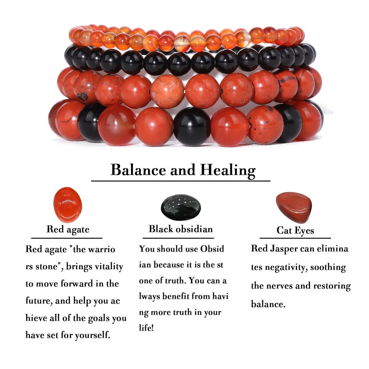 Vinswet 4pcs Natural Stone Beaded Bracelets for Women Men,Healing Crystal Gemstones Stretch Bracelet,4mm 6mm 8mm 10mm Black obsidian Red Jasper Red agate Anxiety Stress Relief Bracelet Jewelry Gifts