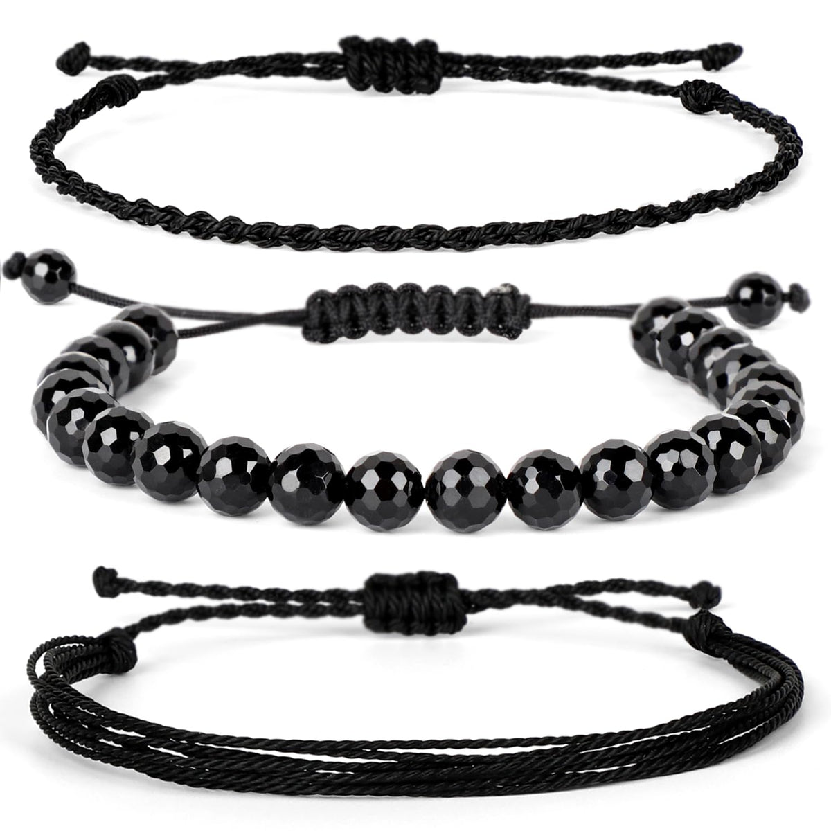 QOGIR Handmade Healing Bracelets,8mm Natural Faceted Black Onyx Gem Stone Beads Bracelet for Men Women Gifts with 2PCS Size Adjustable Rope Bracelets