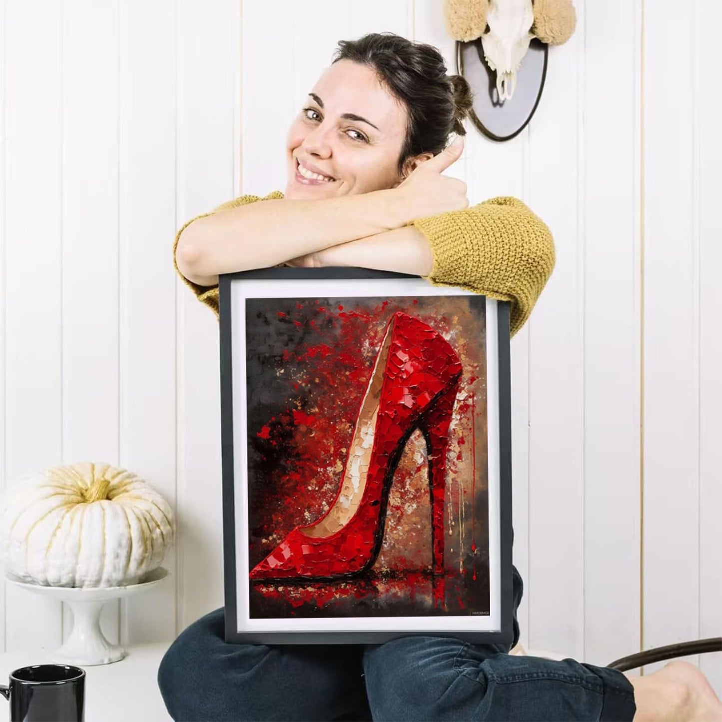 HMDIIMGE 5D Diamond Art Painting Kits by Number for Adults Red High Heel Shoe Full Round Drill Diamond Art Cross Stitch Kits Color Beads Rhinestone Embroidery Craft Kits Pasting 30x40cm