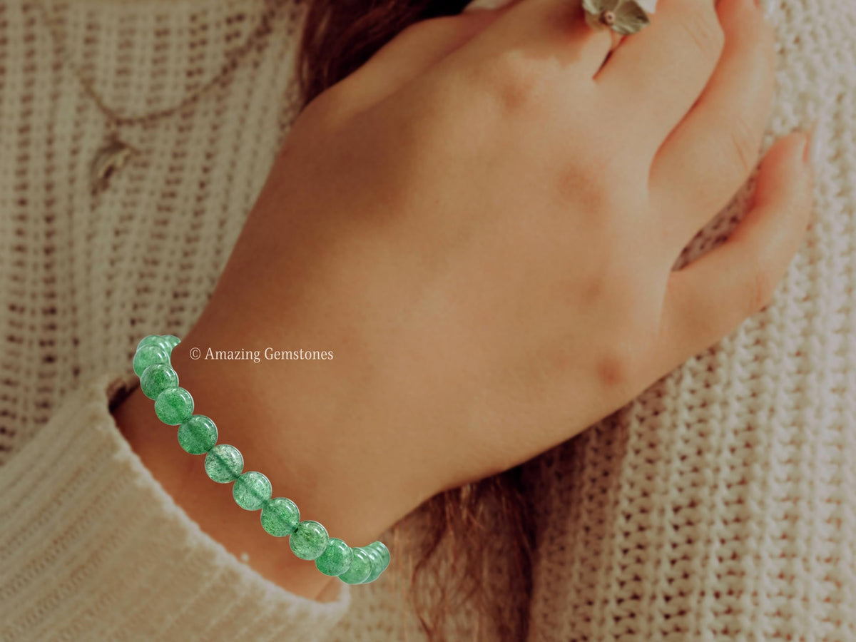 Amazing Gemstone Crystal Bracelet for Women Men's Gifts - Protection Healing Crystal Bracelet - 8mm Gemstone Beaded Stretchable Bracelet Pulseras Para Hombres Mujer Stocking Stuffers Mothers Day Gift (Green Strawberry Quartz)